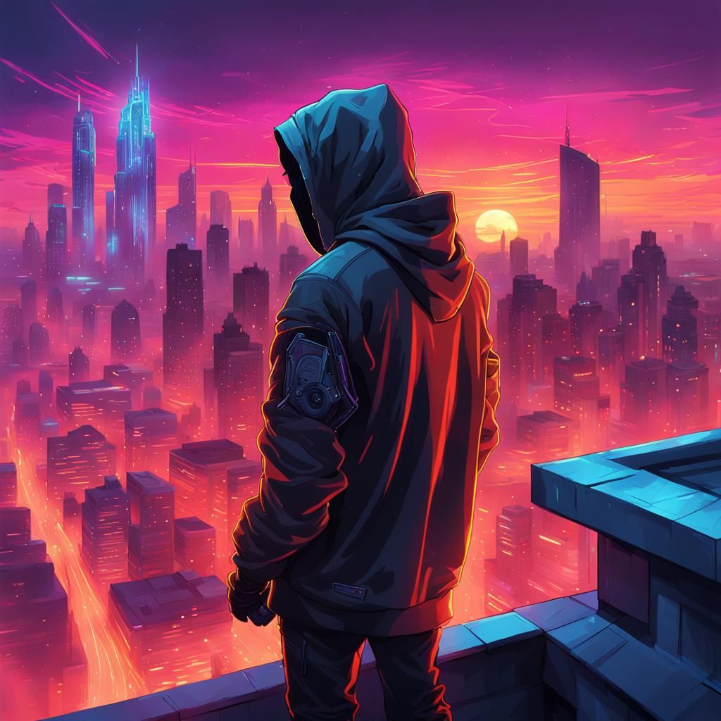 Neon Hooded Figure Overlooks Cyberpunk Cityscape
