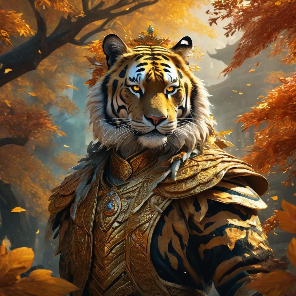 Majestic Tiger Princess in Autumn Fantasy Illustration