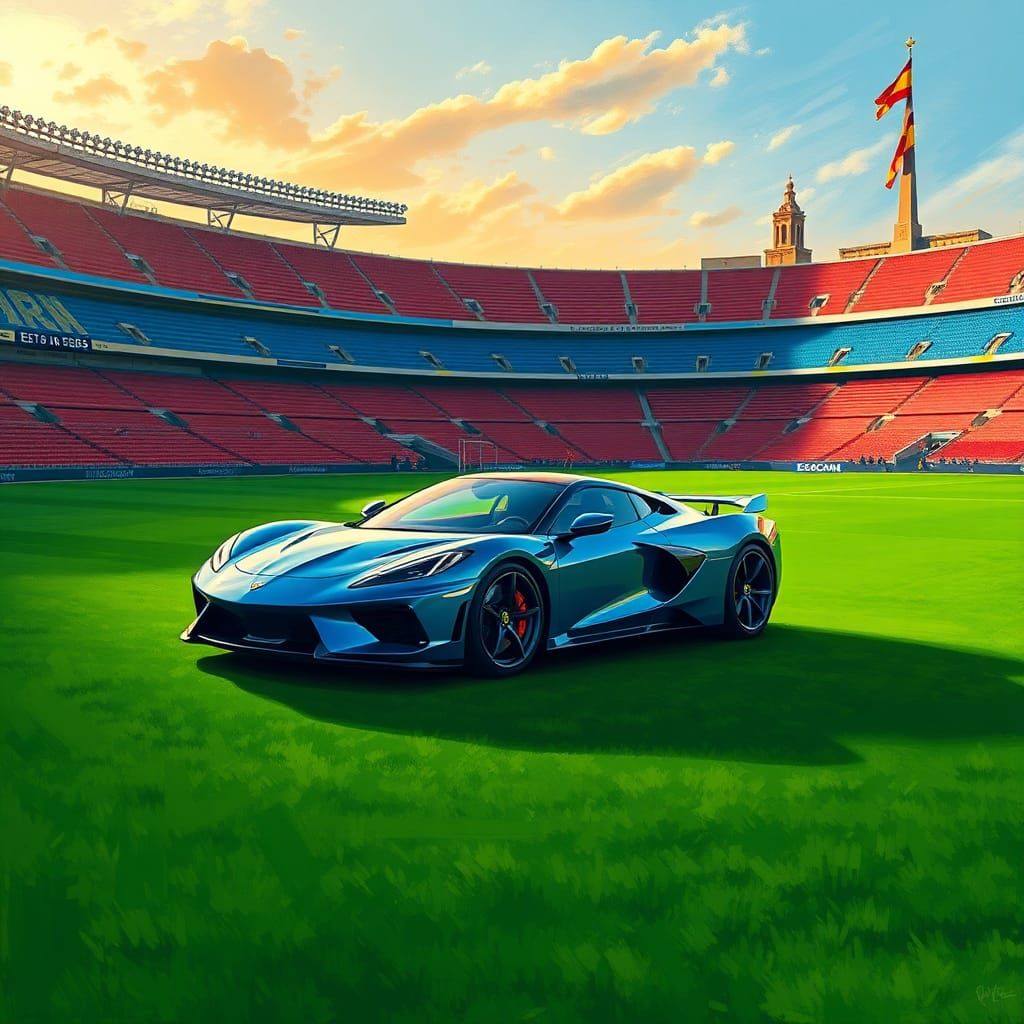 Blue Sports Car on Barcelona Soccer Field