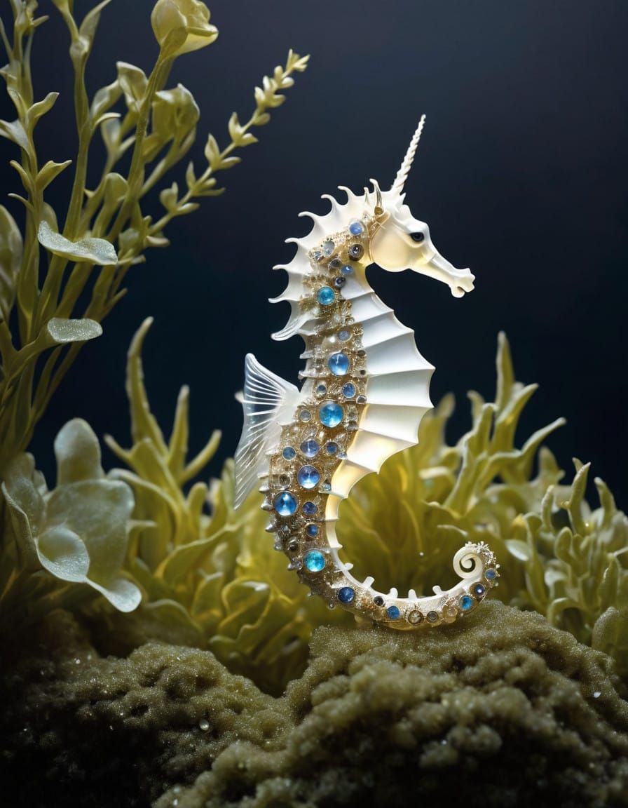 Surrealistic White Seahorse in Intricate Art Nouveau Style
