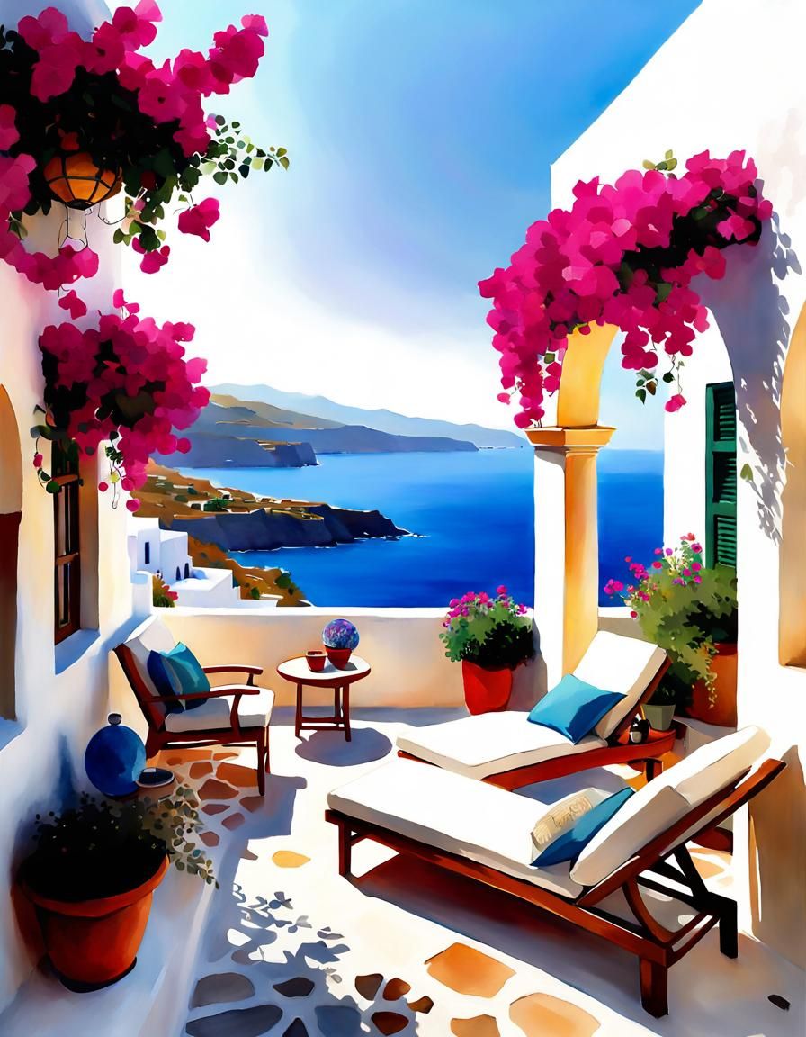 Greek Island Outdoor Seating in Watercolor Style