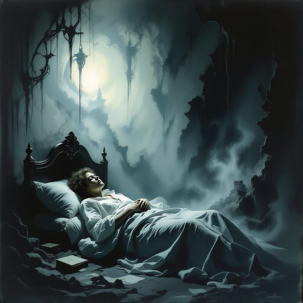 Eerie Awakening in Haunting Shadows, Dramatic Art