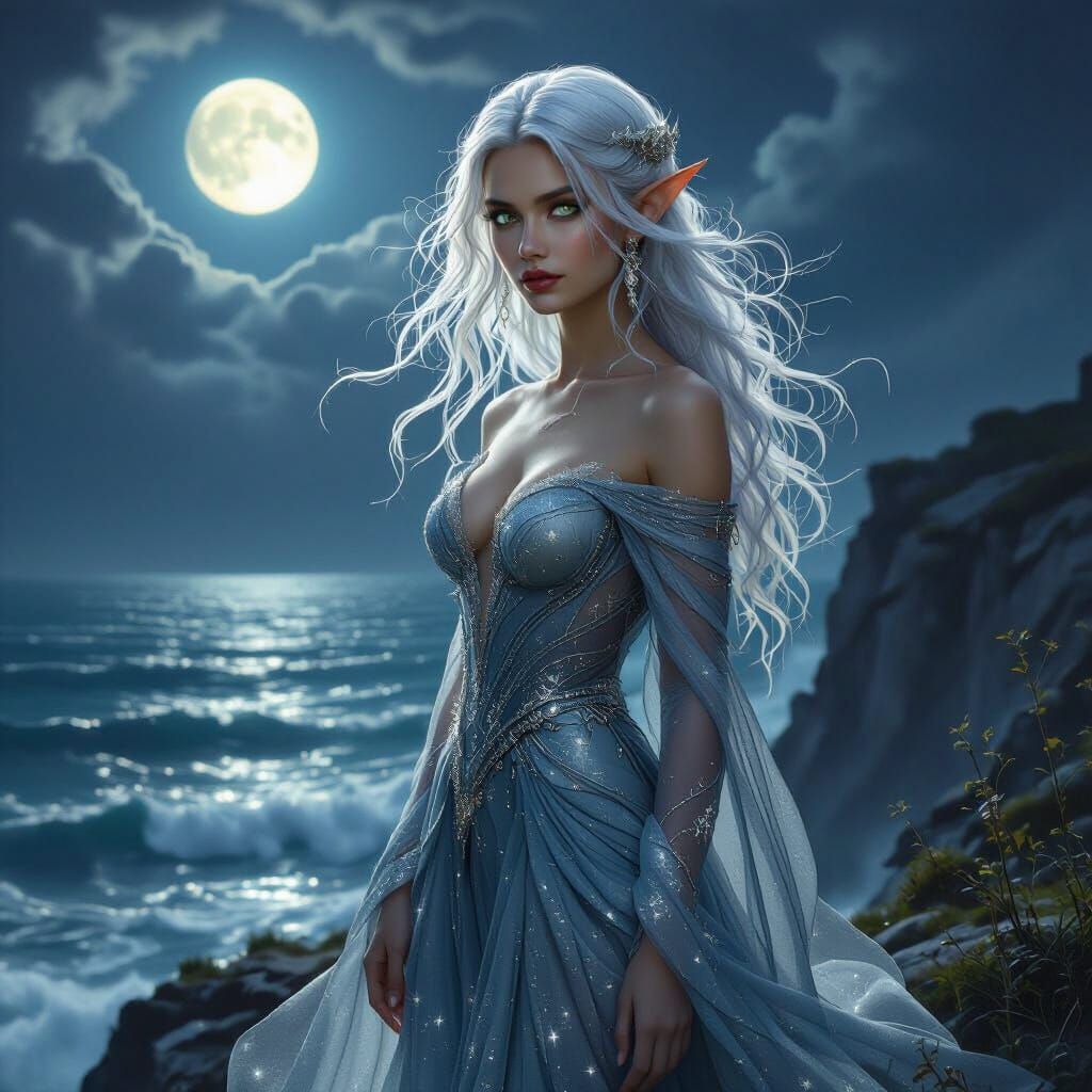 Ethereal Elf Woman on Moonlit Cliff