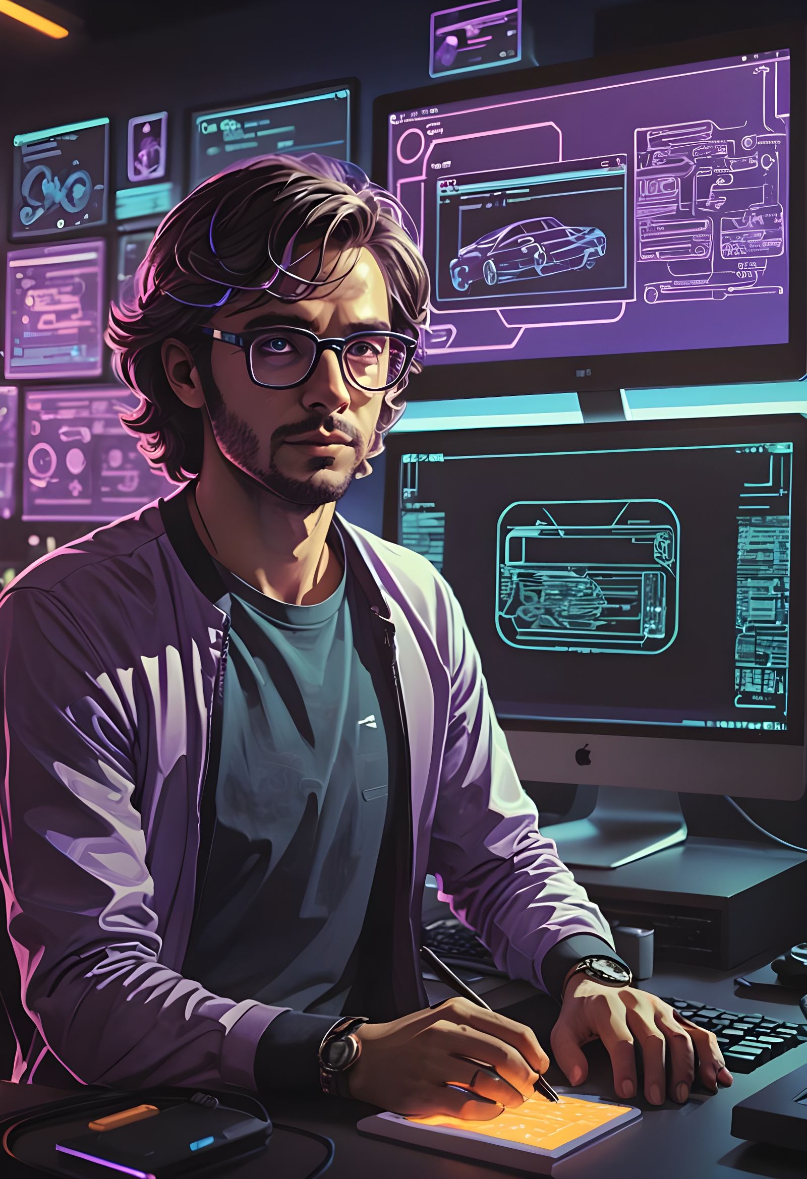 Person with Glasses at Desk with Multiple Monitors