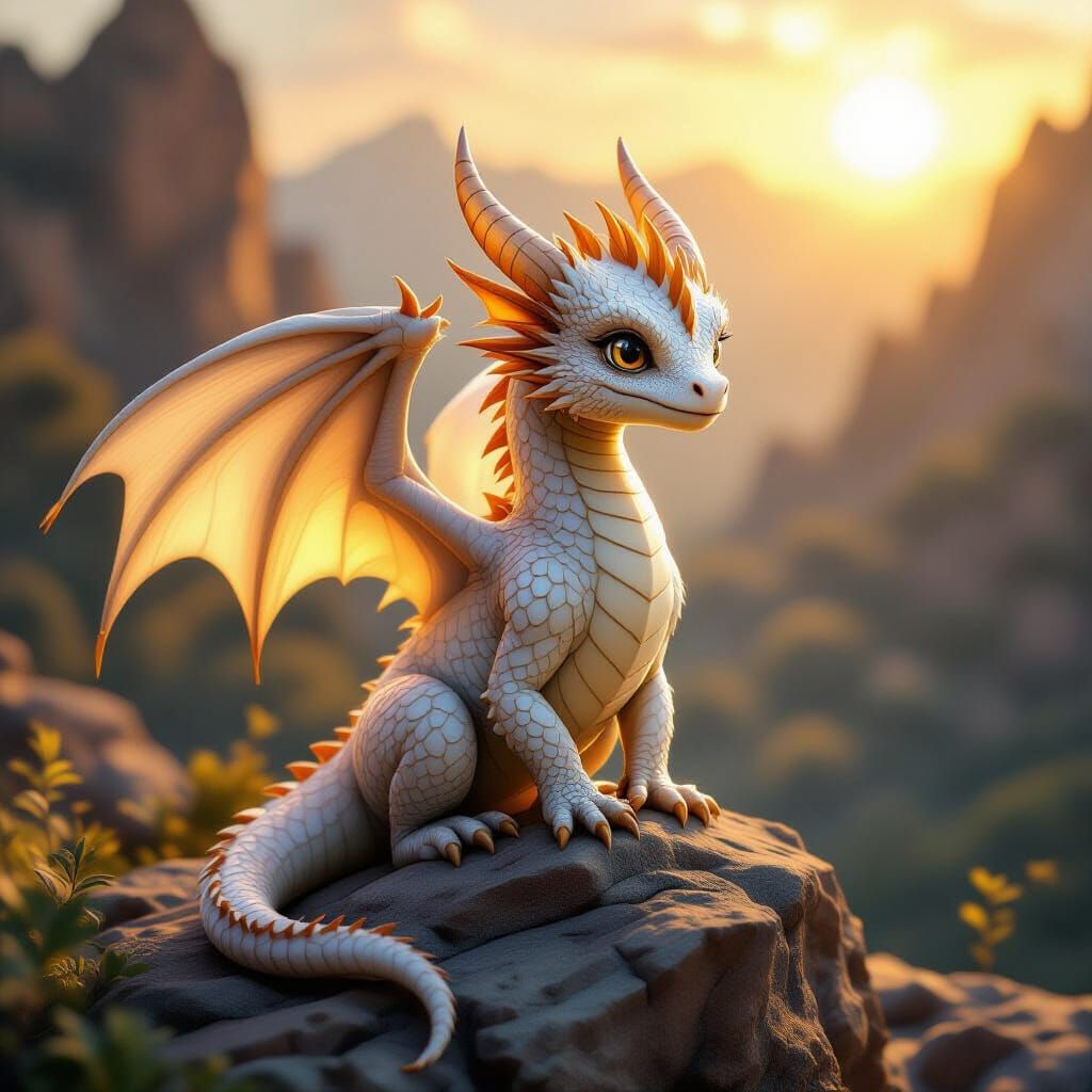Majestic Baby Dragon Shimmers in Golden Hour Light