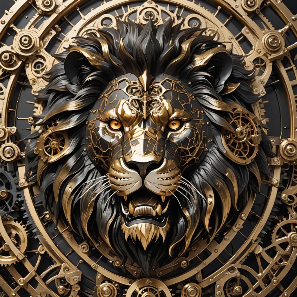 Steampunk Lion Head Roaring in Black and Gold
