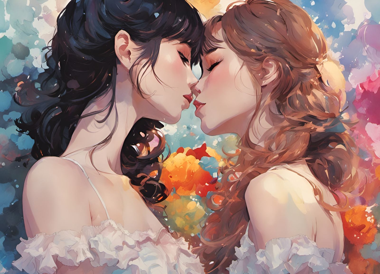 Two Women Kissing in Anime Style
