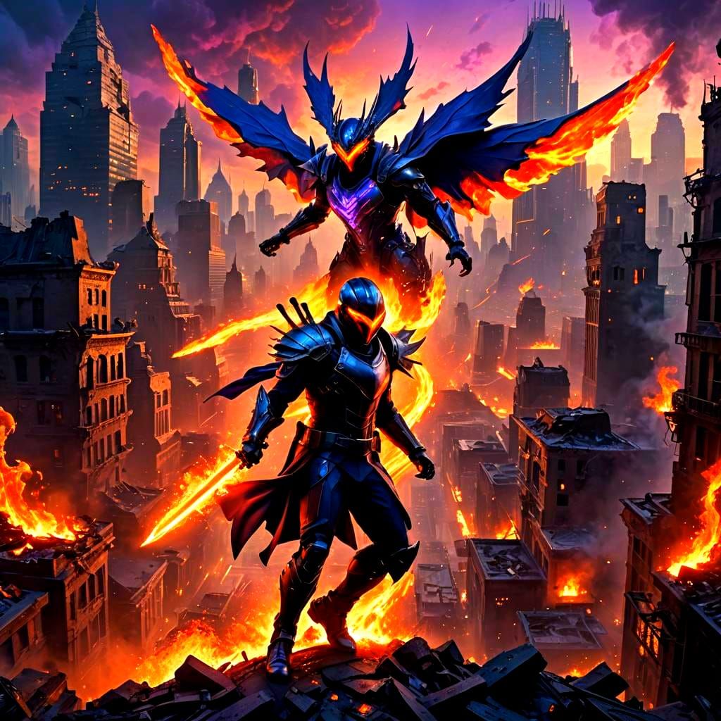 Epic Battle Between Pyromancer and Cybernetic Swordsman