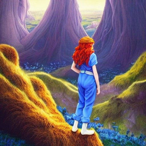 Auburn-Haired Girl in Blue Jumpsuit: Matte Painting