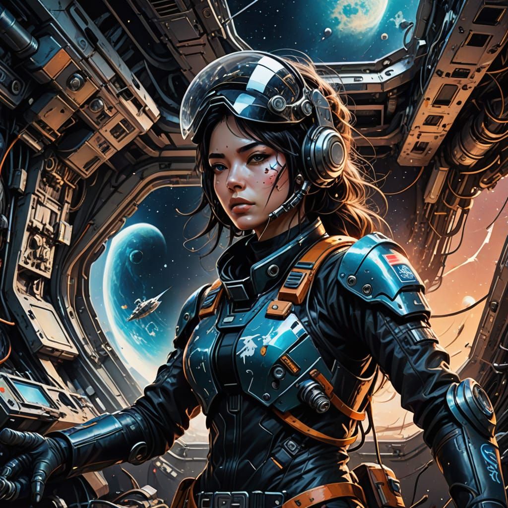 Gritty Sci-Fi Female Mechanic Repairs Shuttlecraft in Space