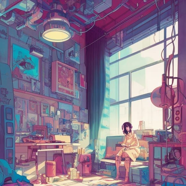 Cyberpunk Lo-Fi Room in Comic Book Style