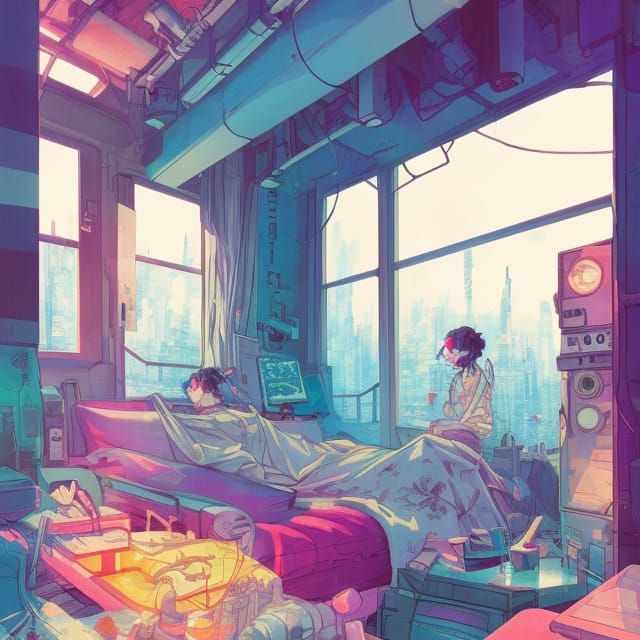 Cyberpunk Lofi Room in Comic Book Style