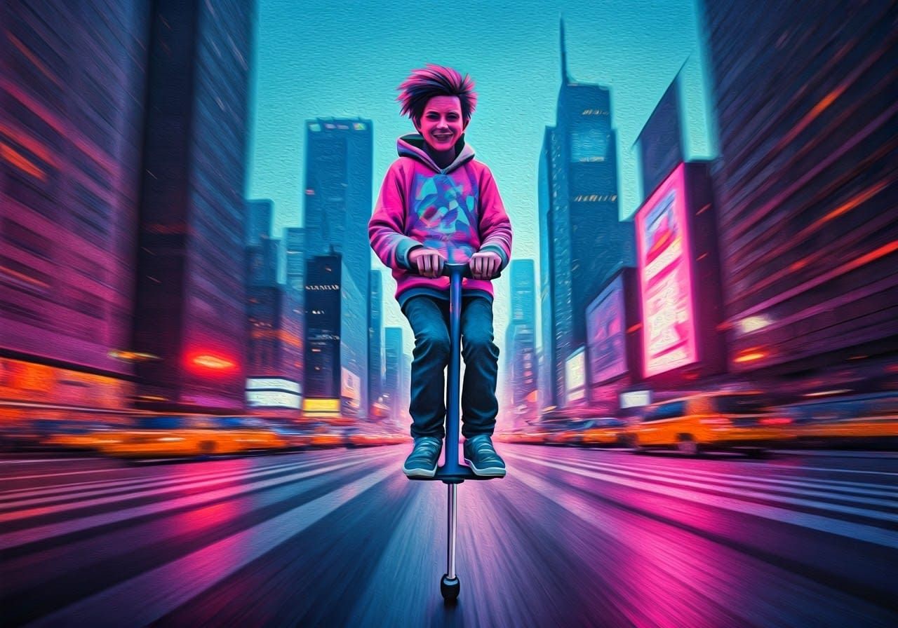 Pogo Rider's Exhilarating City Bounce: Pop Art Style