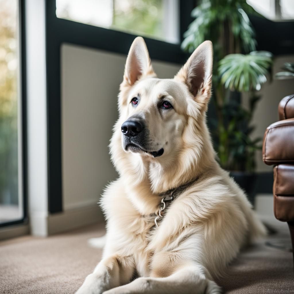 Loyal White German Shepherd Waits at Home