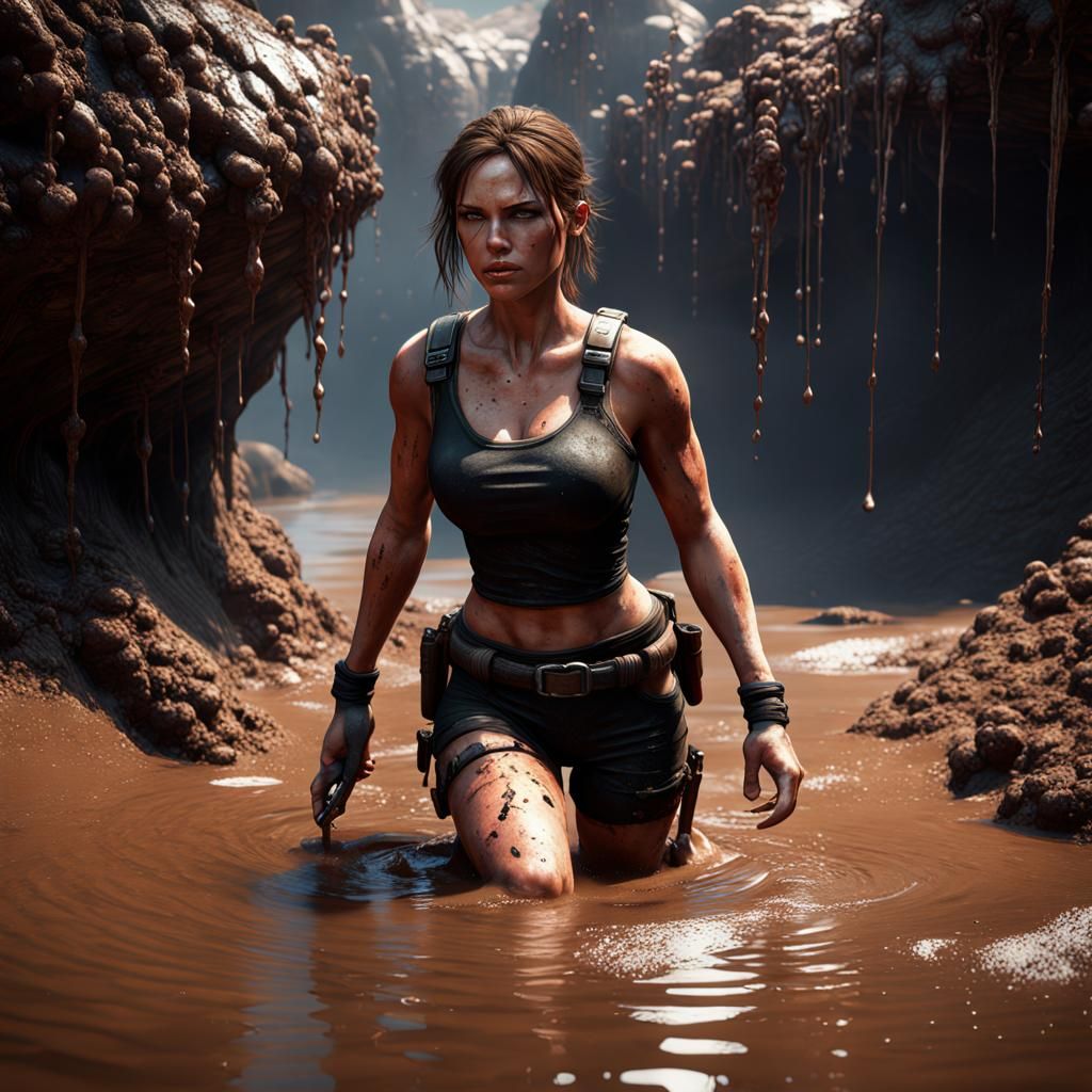 Lara Croft Sinking in Black Quicksand: Detailed Matte Painti...