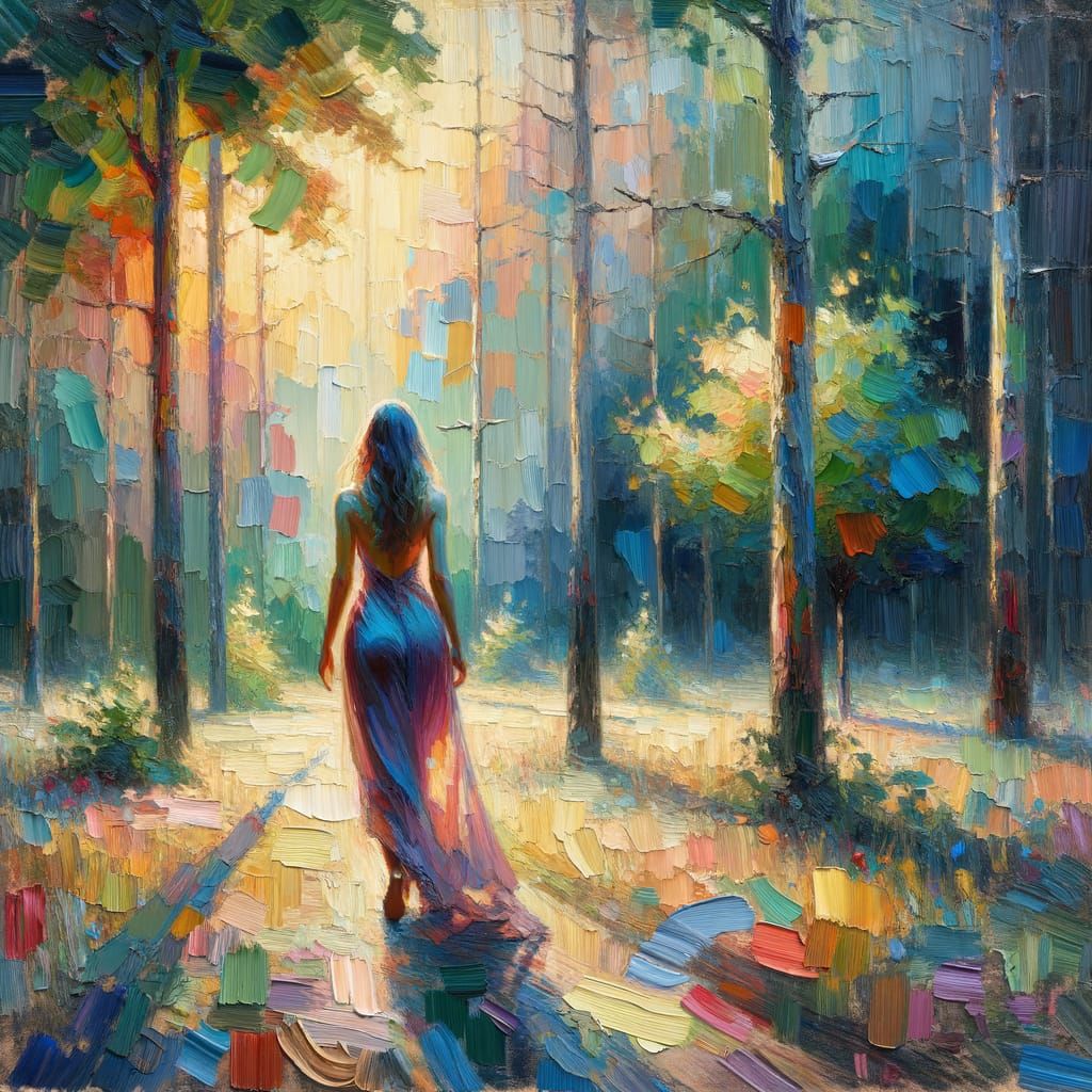 Figurative Expressionist Woman in Forest, Vibrant Oil Painti...