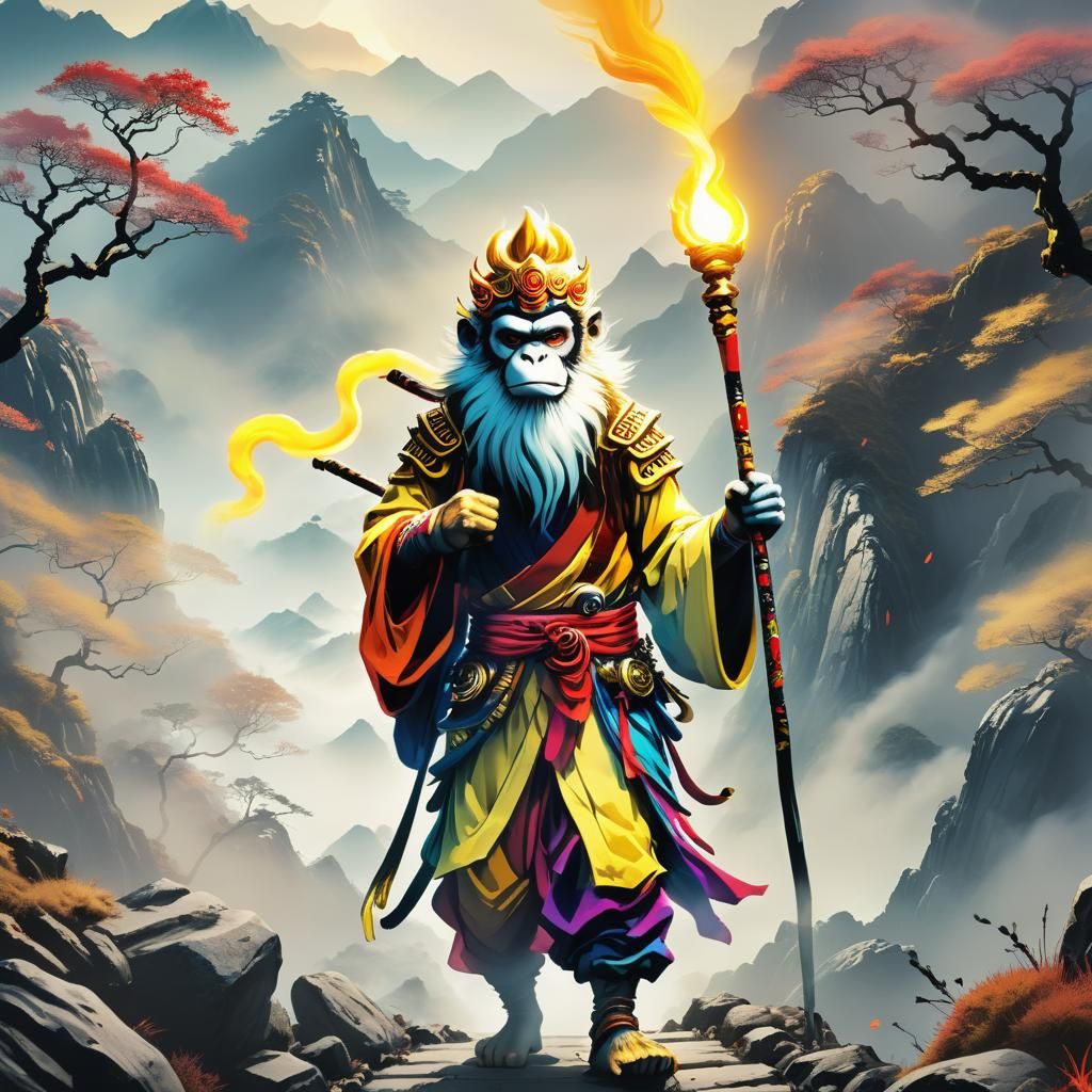 Monkey King on Misty Path in Manga Style