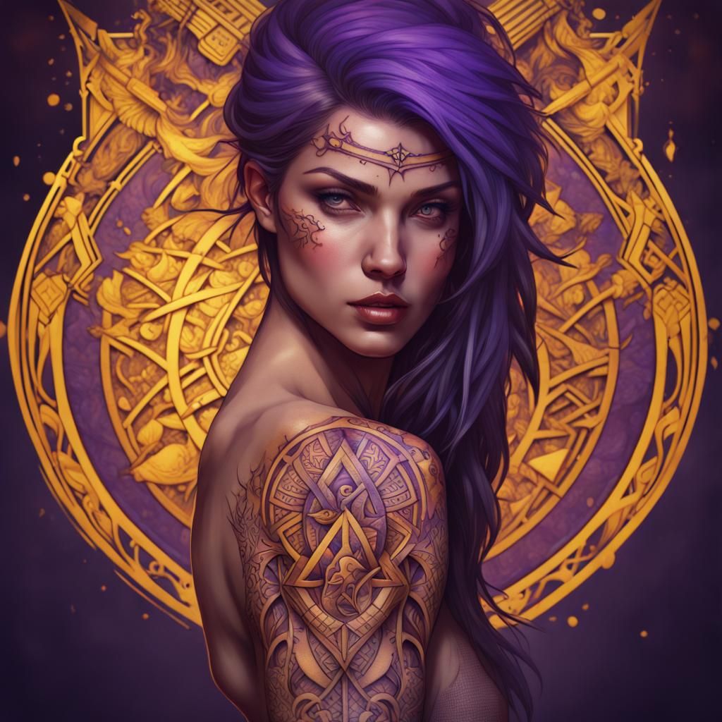 Sagittarius Tattoo with Samoan Patterns in Dark Fantasy Styl...