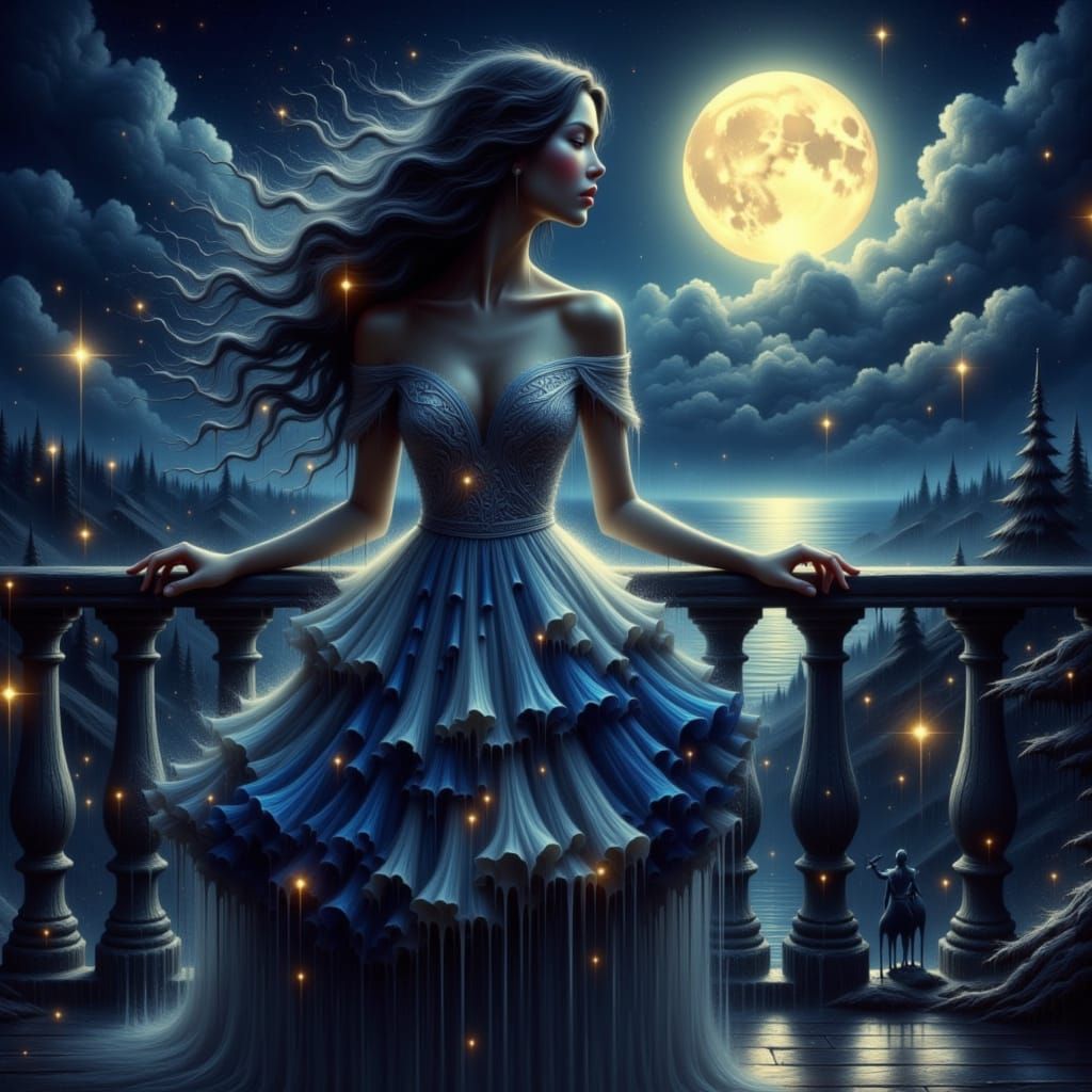 Elegant Woman on Balcony Under Starry Moon