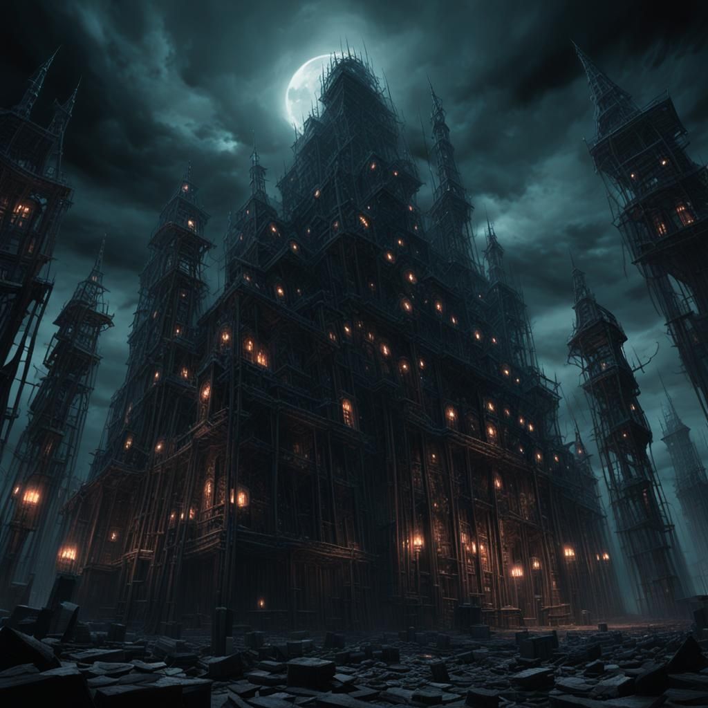 Surreal Dystopian Landscape with Central Mass Array