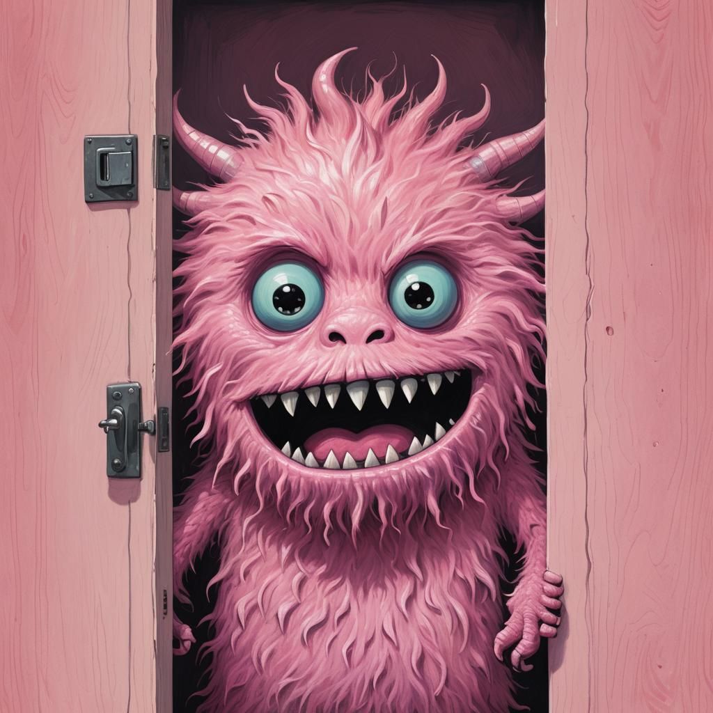 Fuzzy Pink Monster Peeks Out: Children's Book Illustration