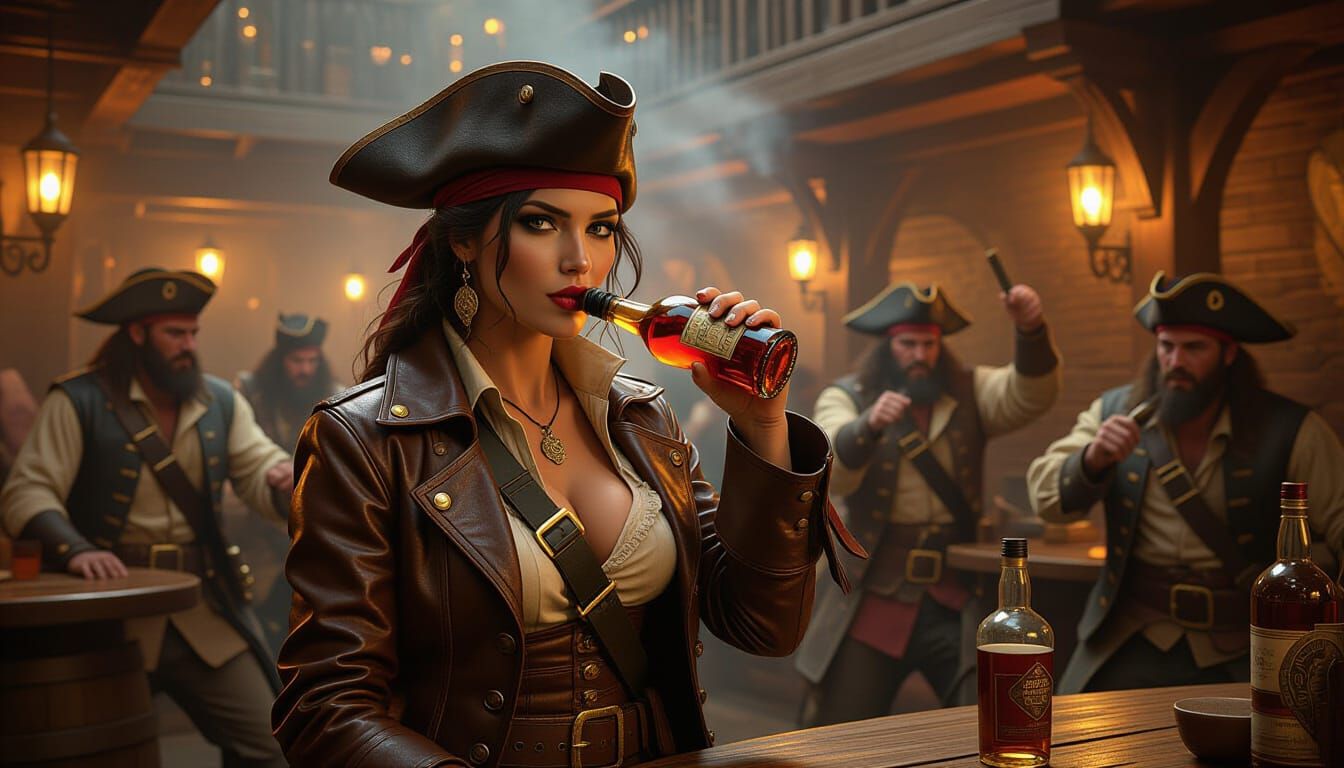 Pirate Woman Drinking Rum in Smoky Tavern