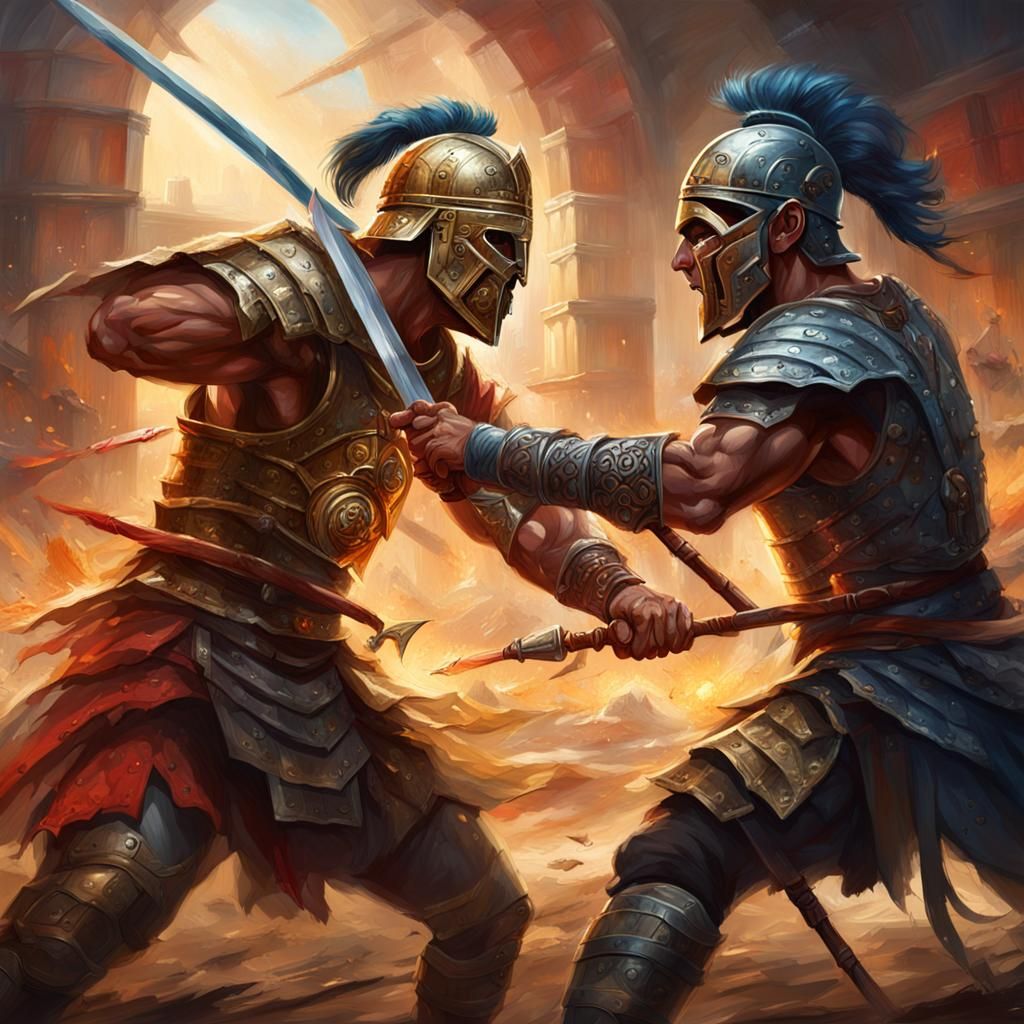 Hyperrealistic Gladiatorial Duel in a Colorful Arena