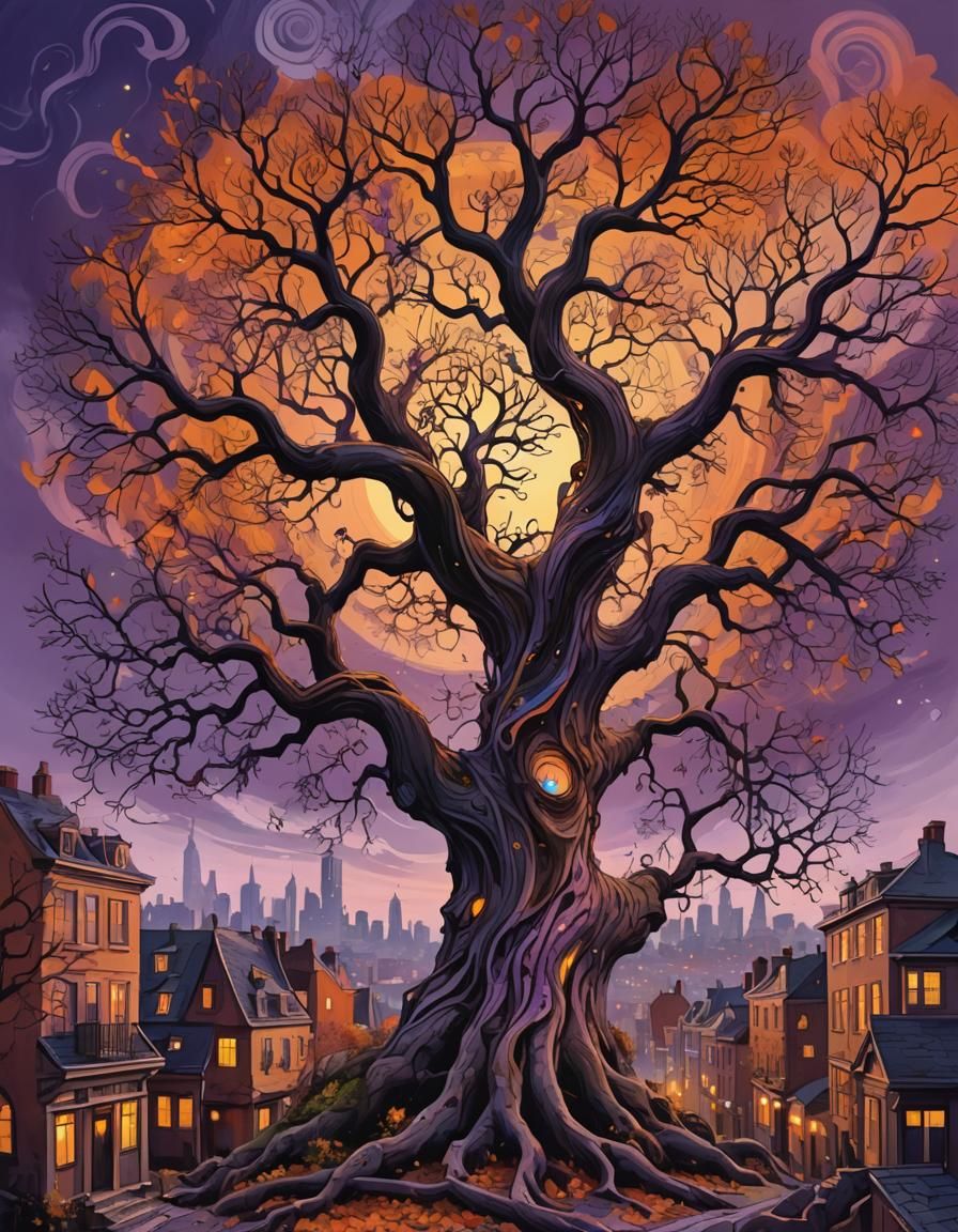 Surreal Tree Merges with Cityscape in Autumn