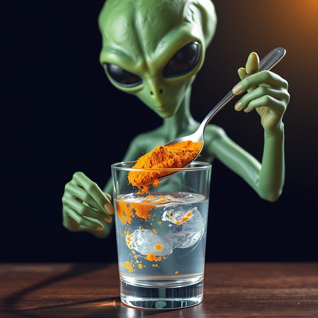 Green Alien Pours Turmeric Powder: Photorealistic HD