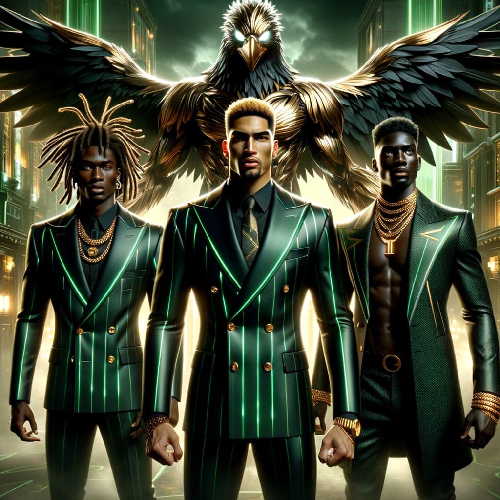 Three Leaders in Bold Green-Black Suits Stand Firm with Illu...