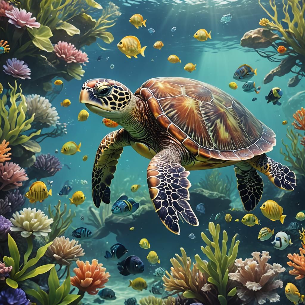 Sea Turtle Portrait in Anime-Inspired 3D