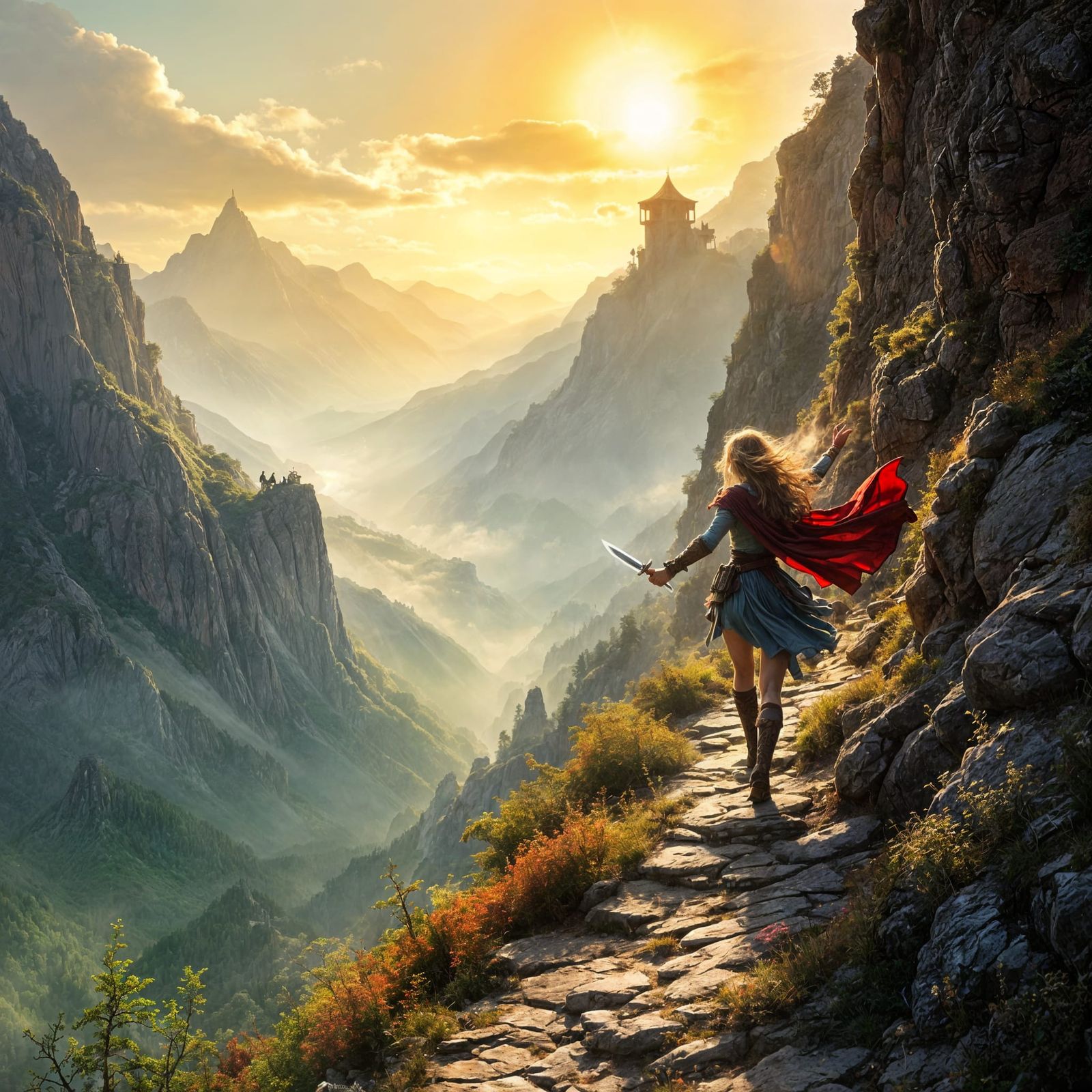 Fantasy Adventuress Throwing Dagger at Brigand in High Mount...