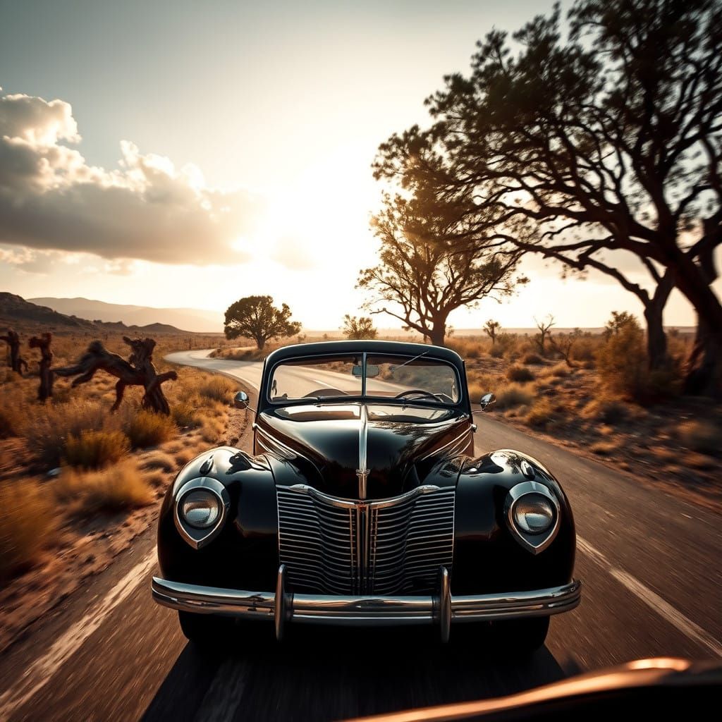 Vintage Car Speeds Down Winding Country Road in HDR