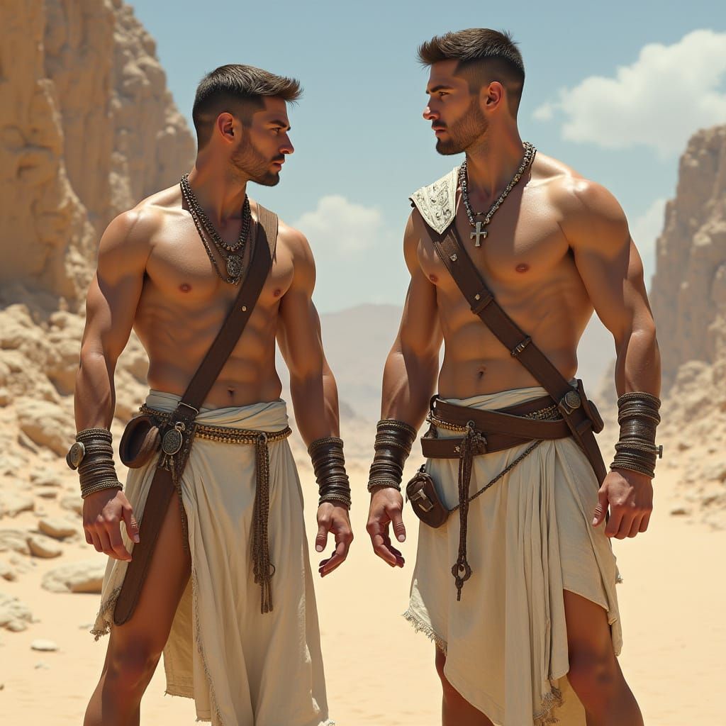 Muscular Men in Desert Landscape: Photorealistic Fantasy Art