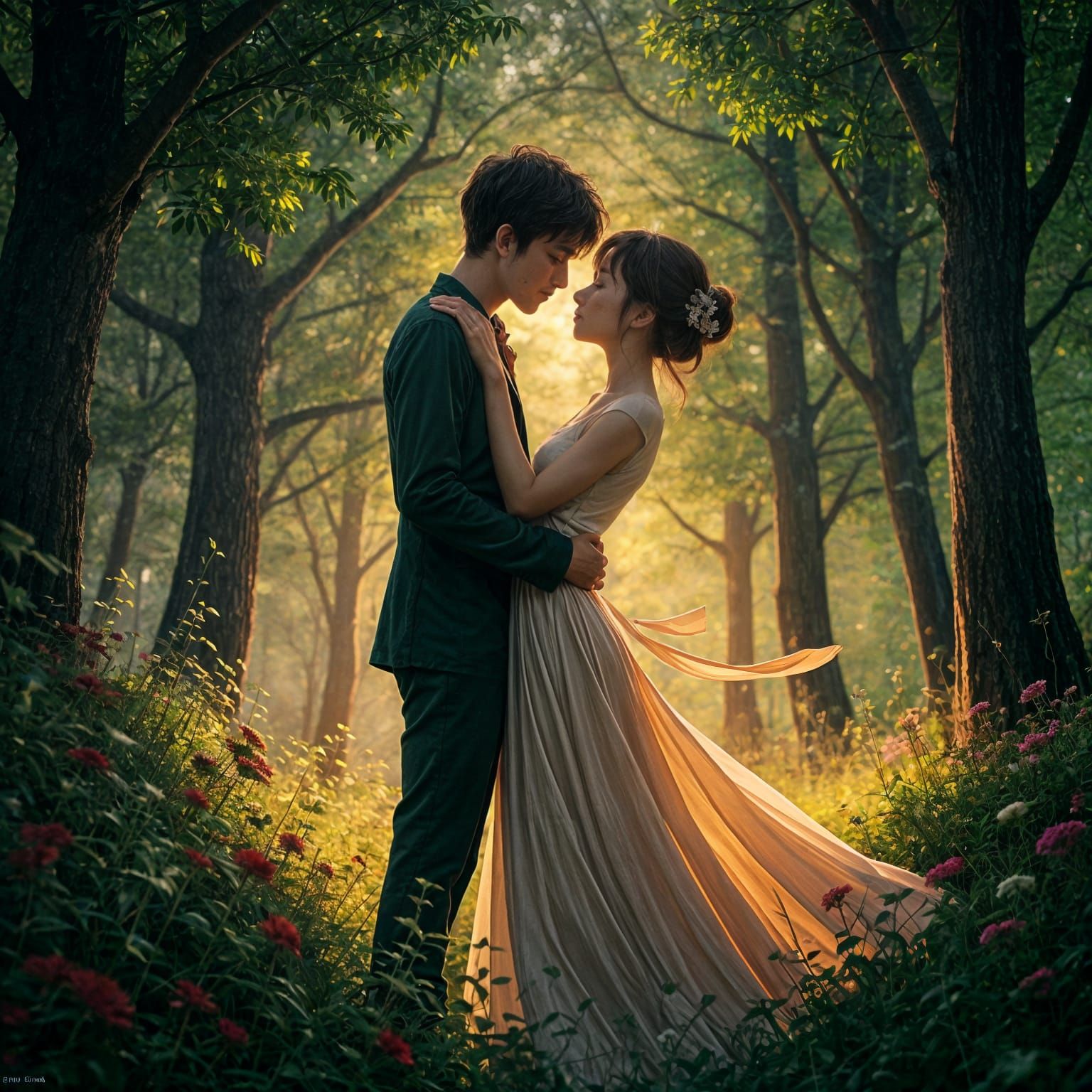 Romantic Couple in Whimsical Ghibli Moment