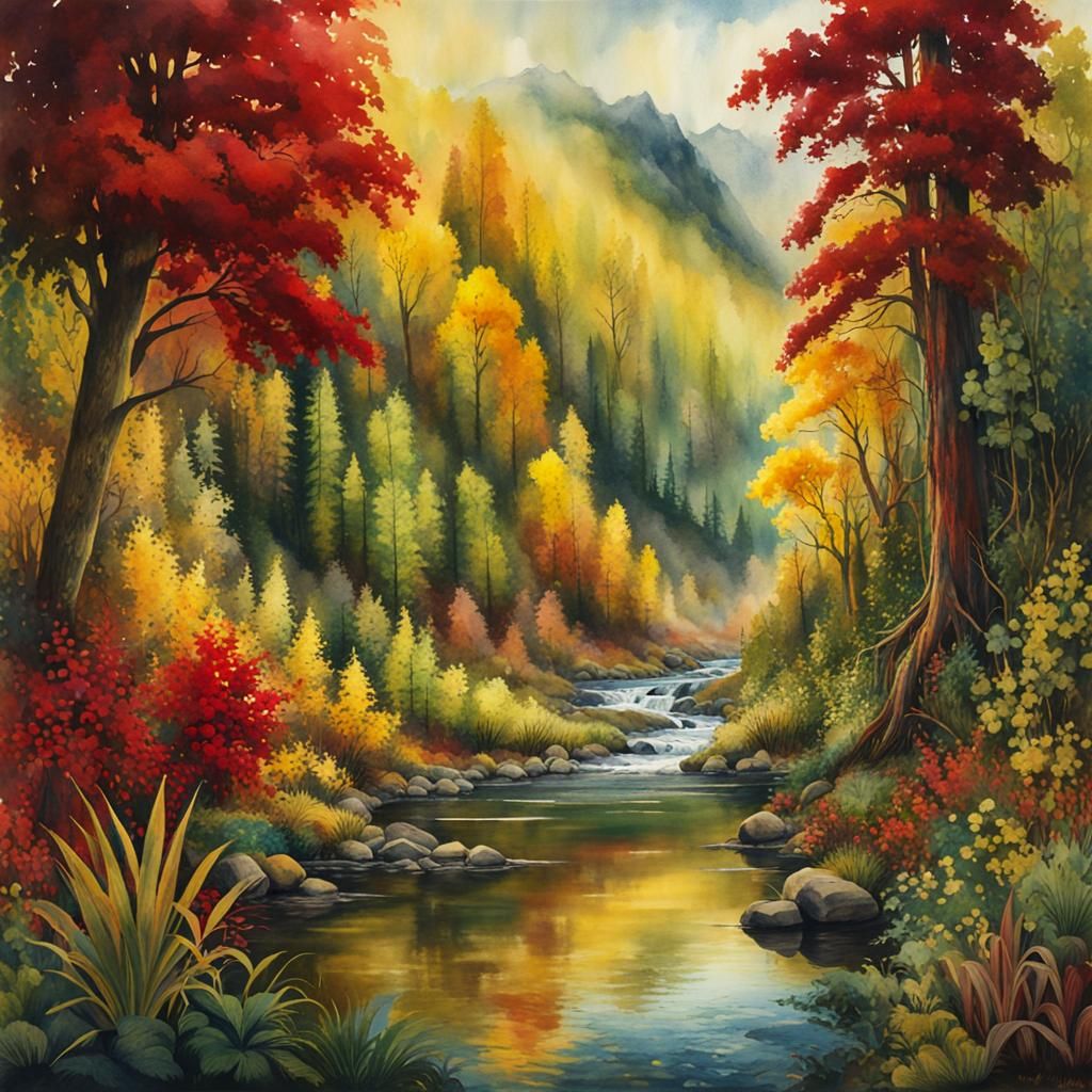 Vivid Riverscape Watercolour Illustration