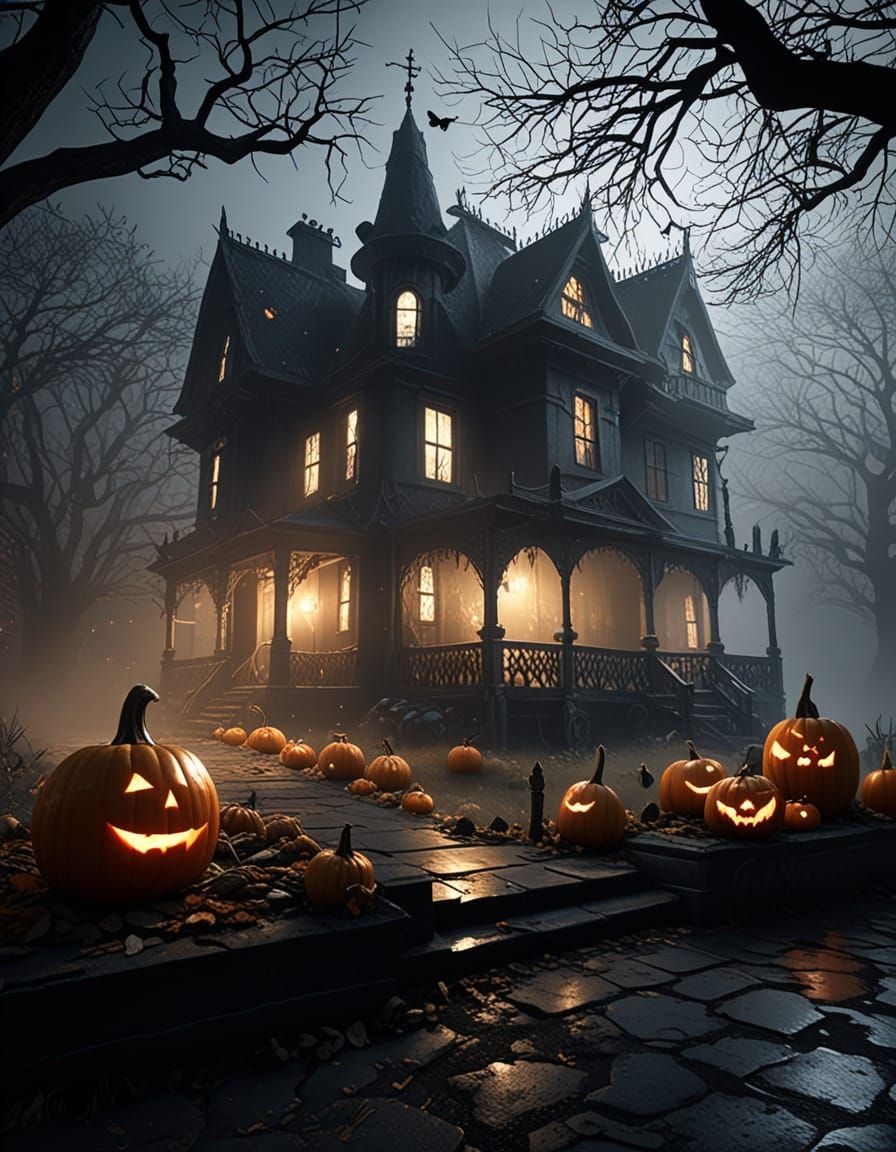 Eerie Halloween Pumpkin on Victorian Porch at Night