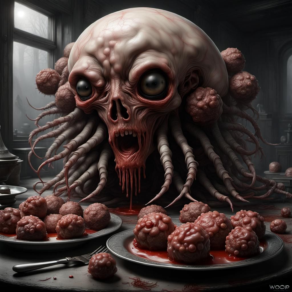 Existential Pie with Tumor Meatballs: Hyperdetailed Surreali...