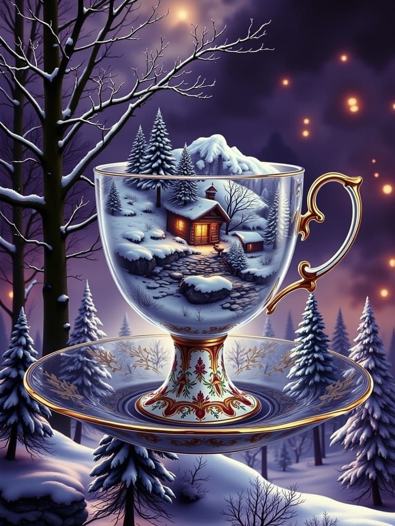 Floral Teacup on Snowy Background: Impressionist Style