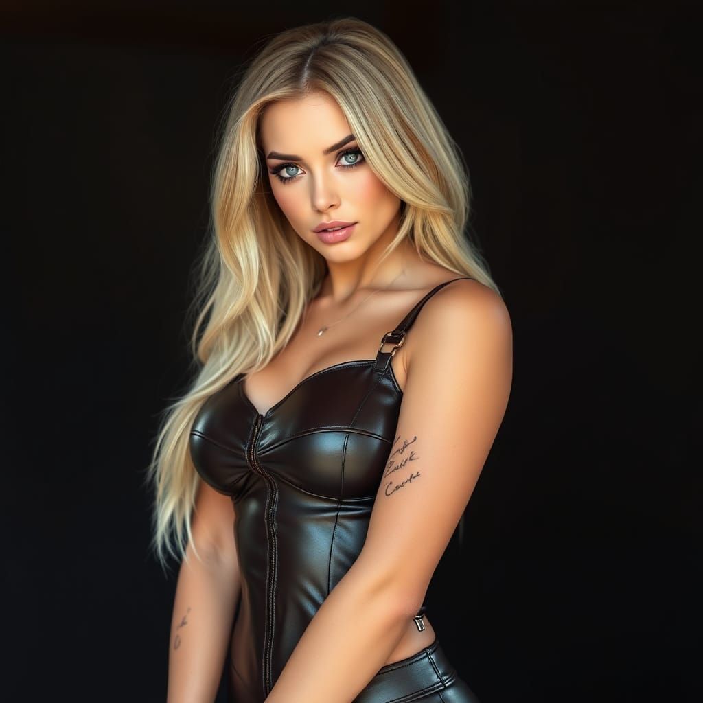 Hyperrealistic Blonde Woman in Leather Bodysuit