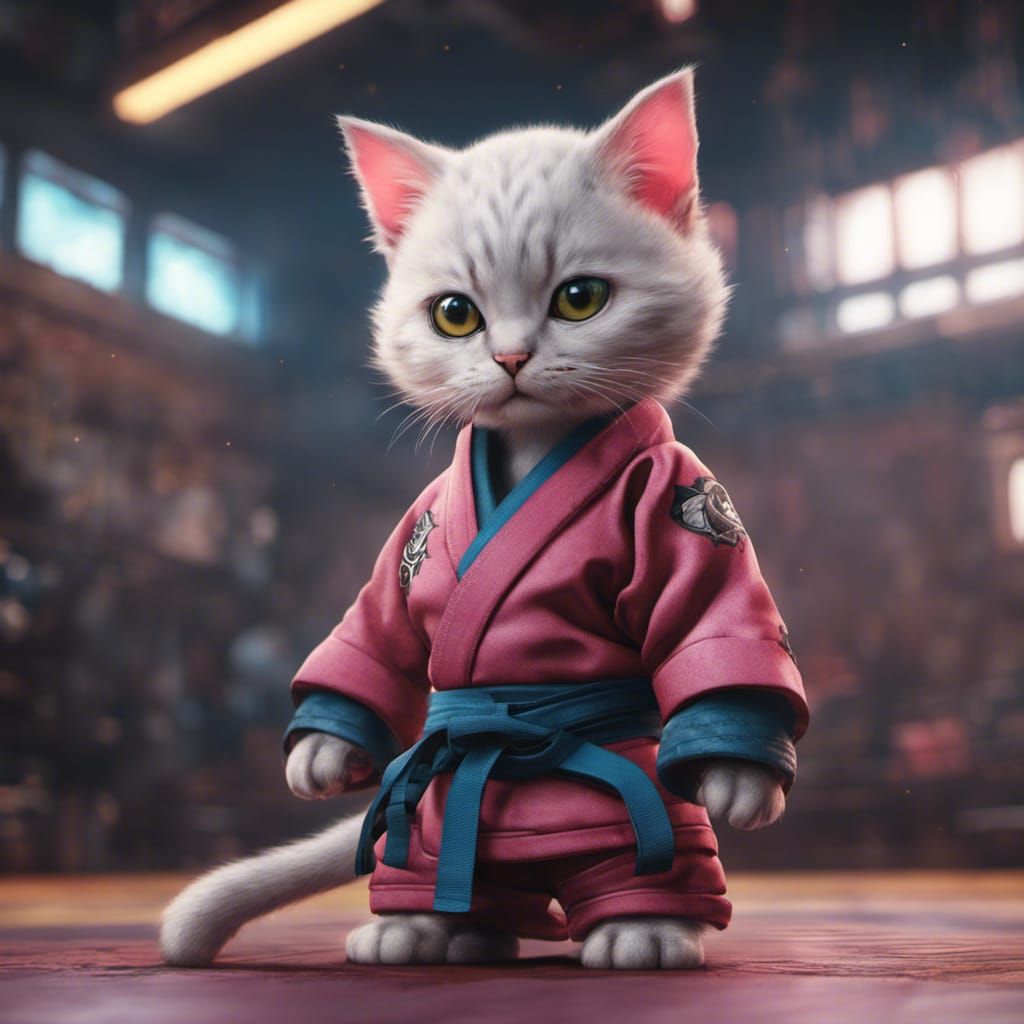 Cyberpunk Kitten in Judo Suit: Detailed Matte Painting