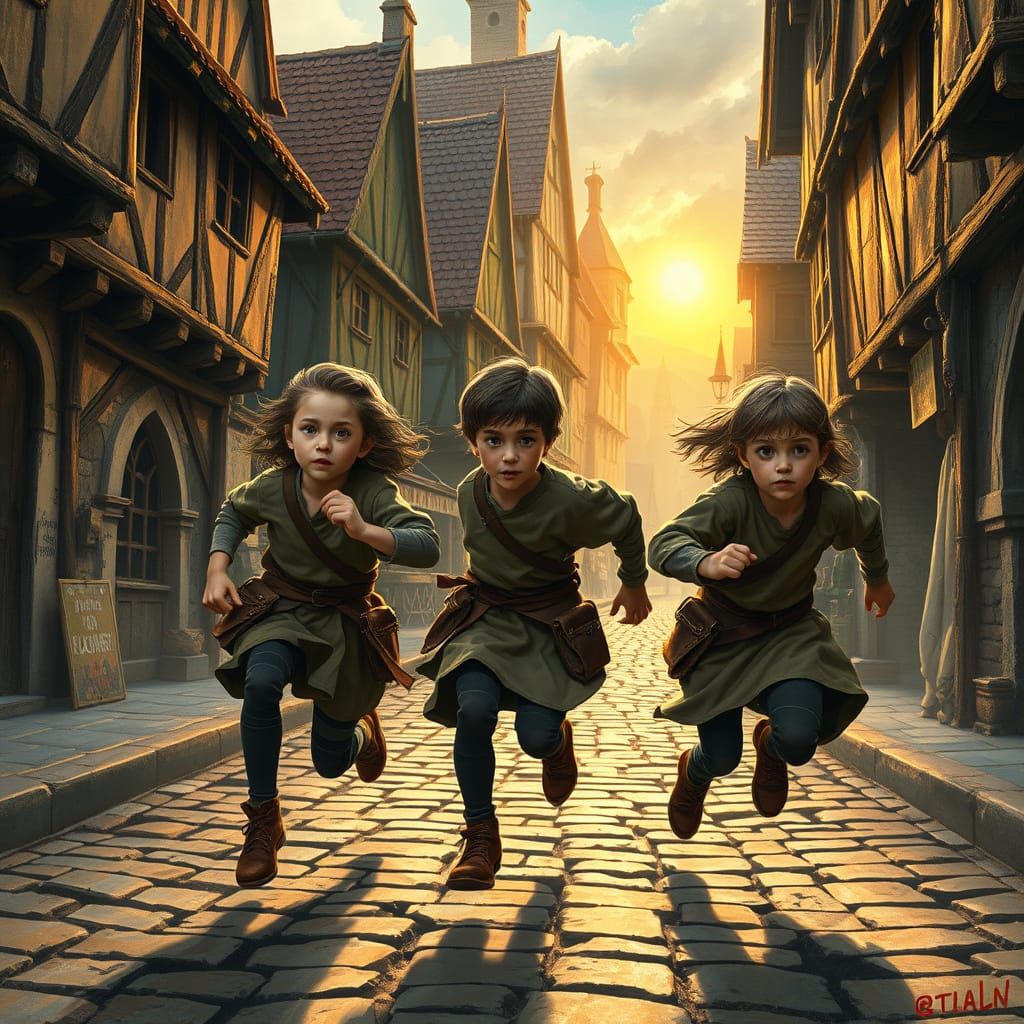 Medieval Children Flee Through Whimsical City Streets in Sto...