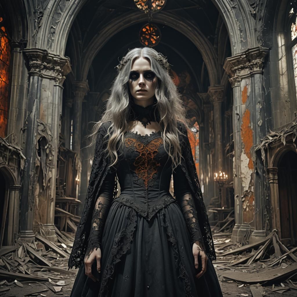 Eerie Female Phantom in Abandoned Church: Dark Surrealism