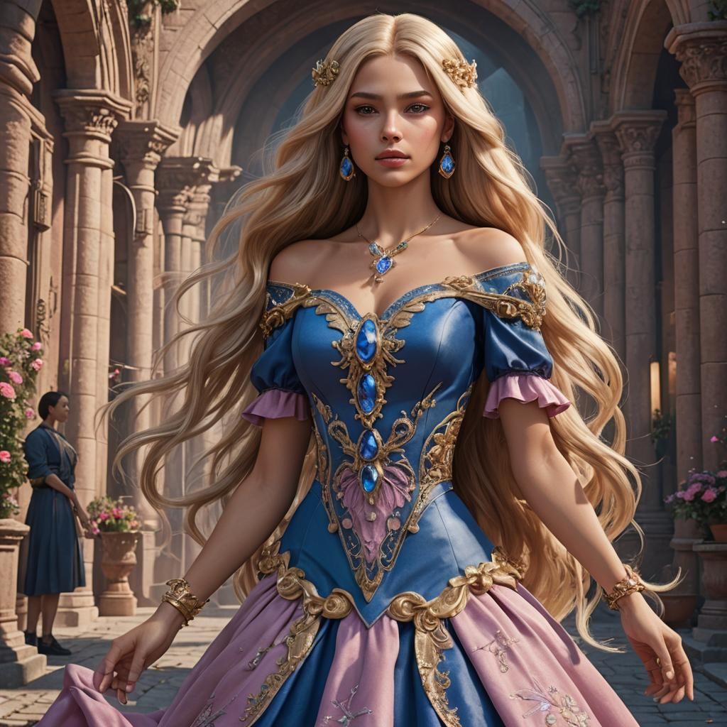 Blonde Woman in Blue Dress: Fantasy Concept Art