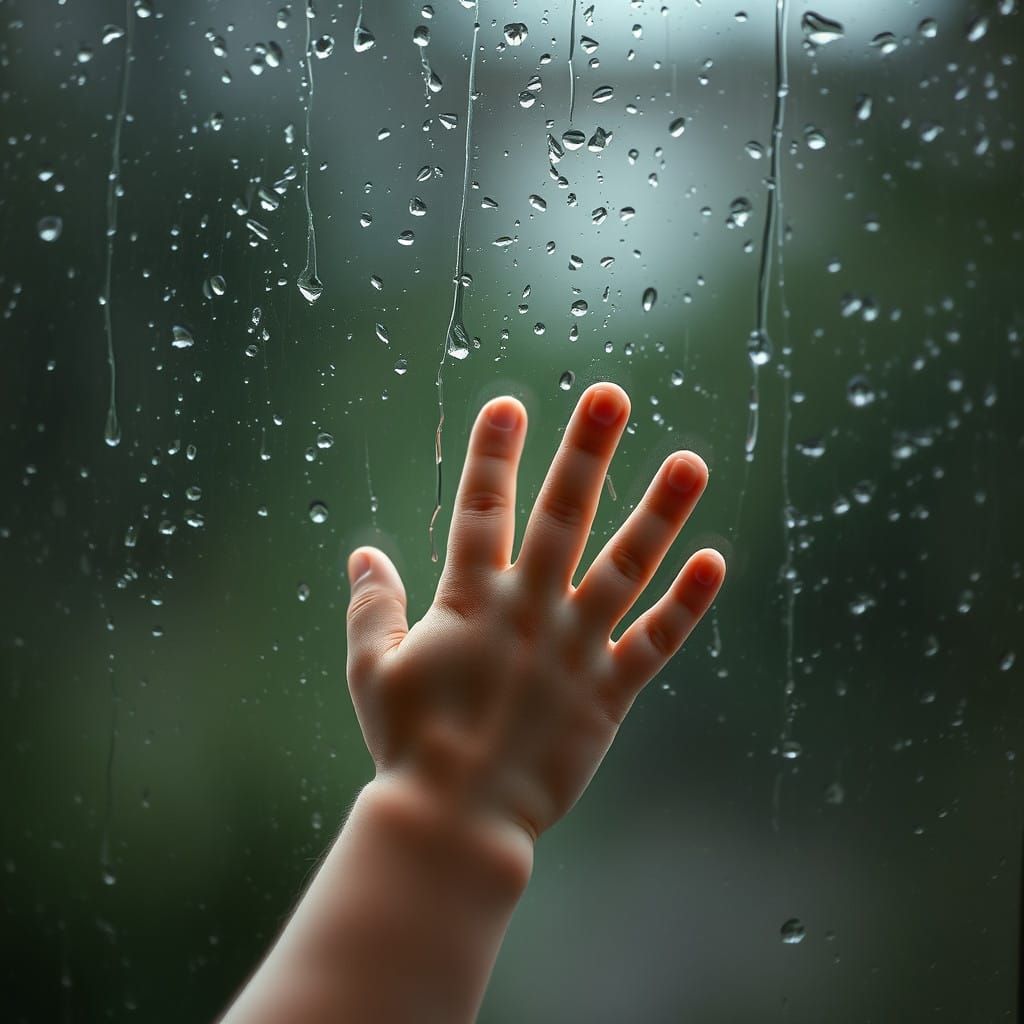 A Delicate Hand on a Rainy Windowpane in a Professional Phot...