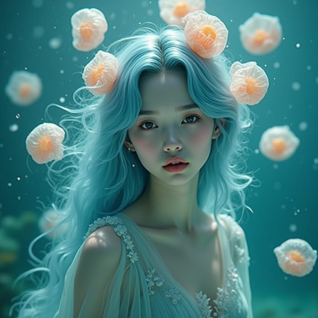 Enchanting Mermaid Muse in Soft, Dreamlike Underwater Scene