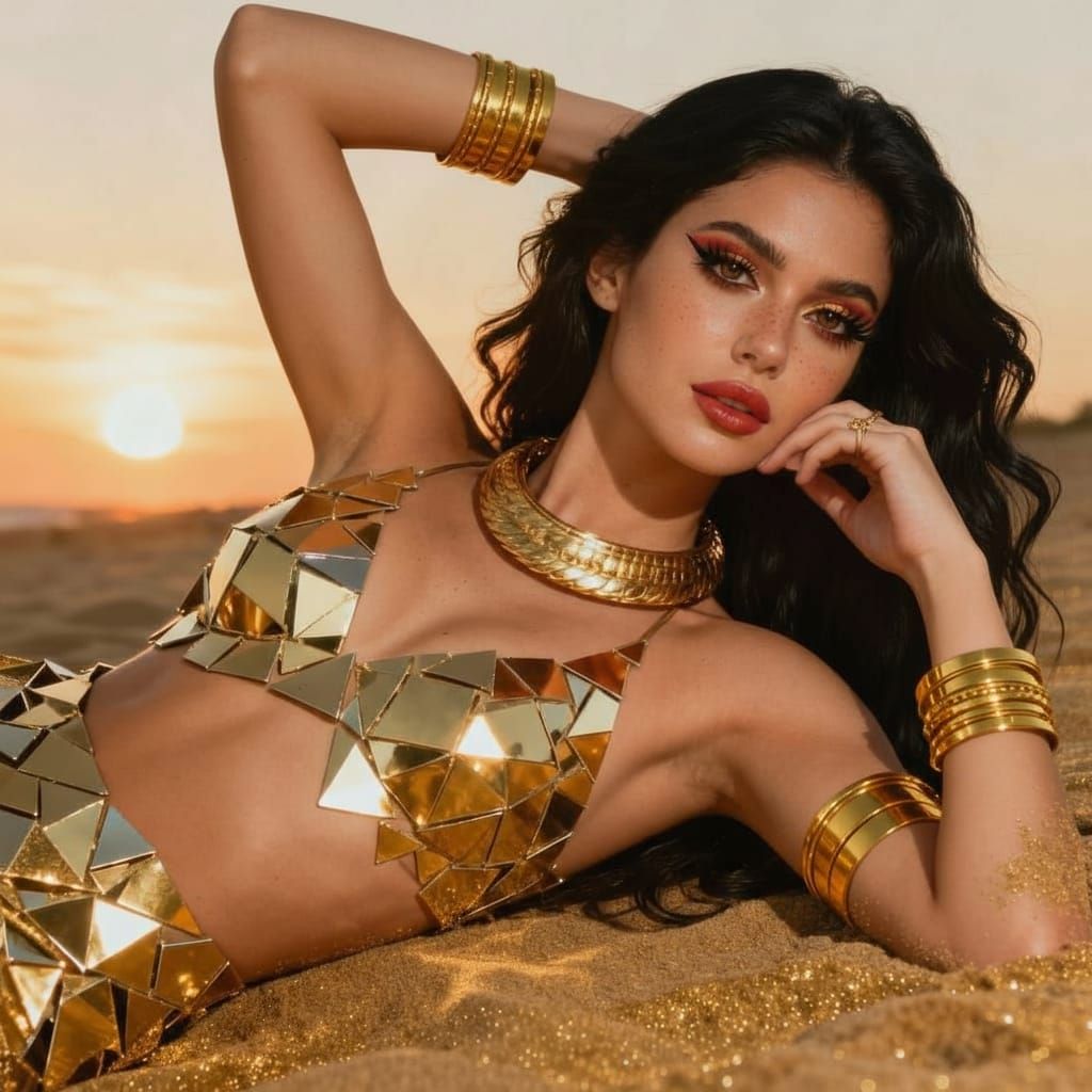 Golden Goddess in Futuristic Armor at Sunset