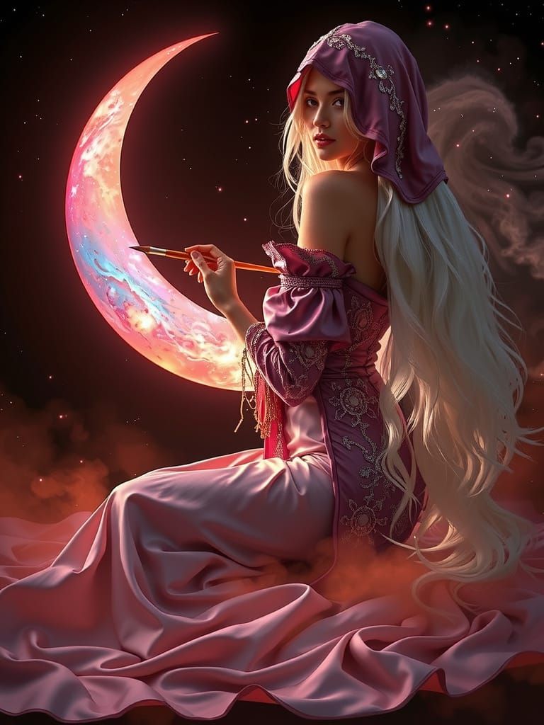 A stately white witch with floor-sweeping, pin-straight platinum hair, sits gracefully on her knees, dressed in a flowin...