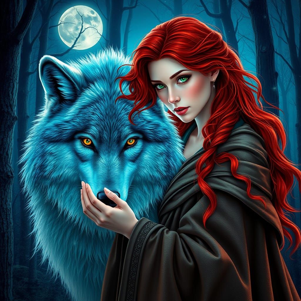 Fiery-Haired Woman in Moonlit Forest Petting a Majestic Wolf