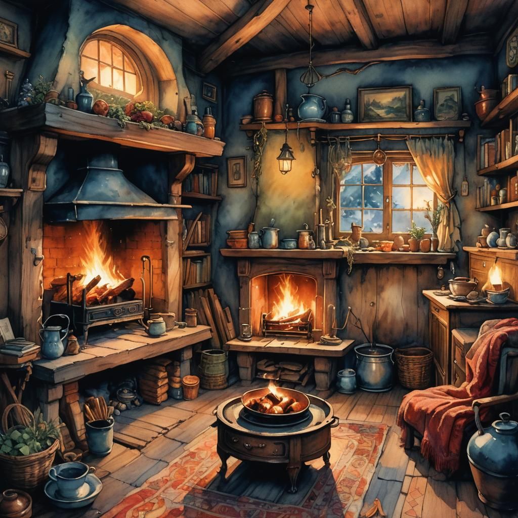 Cozy Cottage Interior with Fire in Anime Style